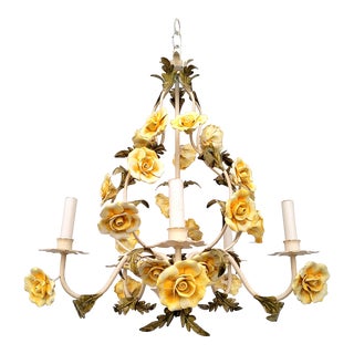 Mid 20th Century Italian Brass Tole Chandelier With Yellow Porcelain Flowers For Sale
