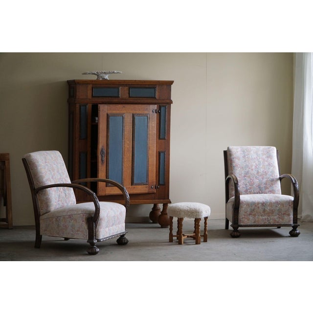 Wood Set of Danish Art Deco Lounge Chairs in Oak and Vibrant Flower Fabric, 1940s For Sale - Image 7 of 18