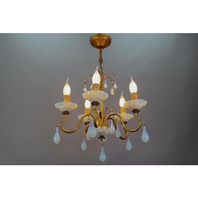Italian Florentine Gilt Metal and White Opalescent Glass Five-Light Chandelier, 1970s For Sale - Image 13 of 18