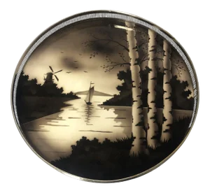Vintage Silvers Brooklyn Porcelain Silver Round Server Tray Seaside Scene