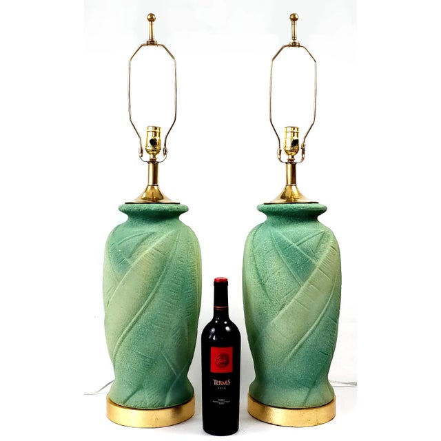 1980s Lamp Pair Green Palm Tree Leaves For Sale - Image 5 of 12