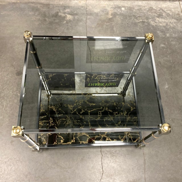 1980s Mid-Century Modern Chrome & Brass Tiered Glass End Table For Sale - Image 9 of 13