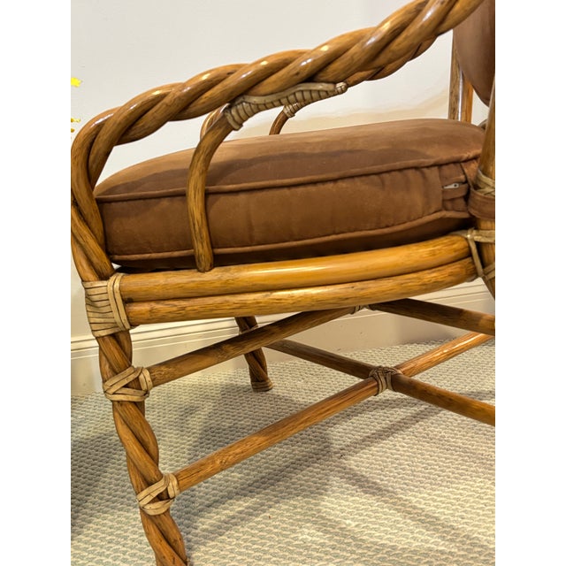 Wood McGuire, 6 Twisted Rattan Dining Chairs. Covered in Performance Suede. For Sale - Image 7 of 9