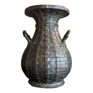 Antique Japanese Bronze Woven Basket Vase With Bamboo Style Handles