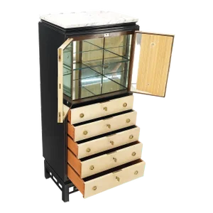 Black Lacquer Marble Top Goatskin Drawers & Double Doors Liquor Silver Cabinet