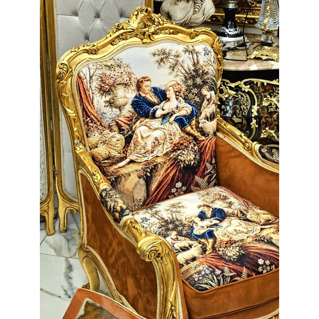2020s French Louis XV Bergère Chair With Romantic Tapestry Upholstery, Velvet Panels & Hand-Gilded Gold Leaf Frame For Sale - Image 5 of 7