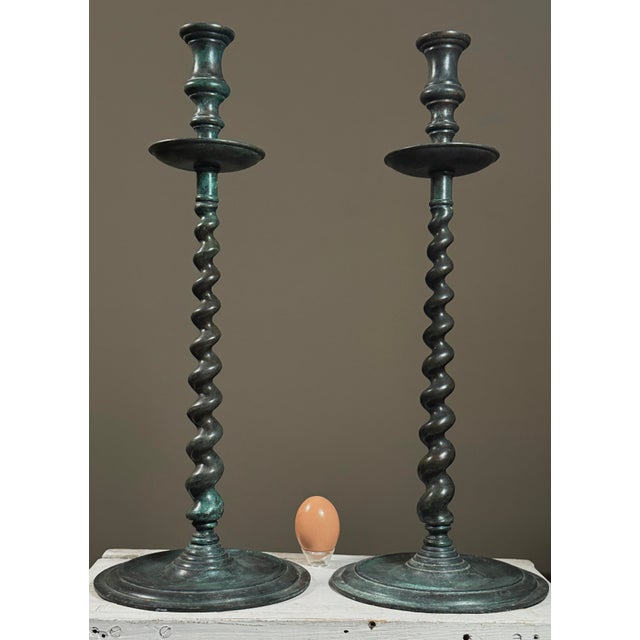 English Pair of Large Vintage Verdigris Bronze Barley Twist Candelabras For Sale - Image 3 of 11