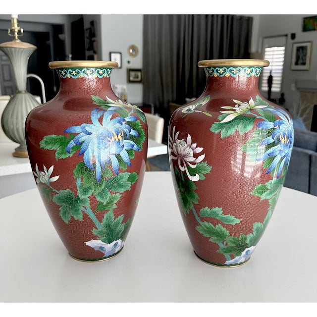 Pair of vintage Chinese gilt copper cloisonne enameled vases, of baluster form with rust enameled and blue Chrysanthemum...