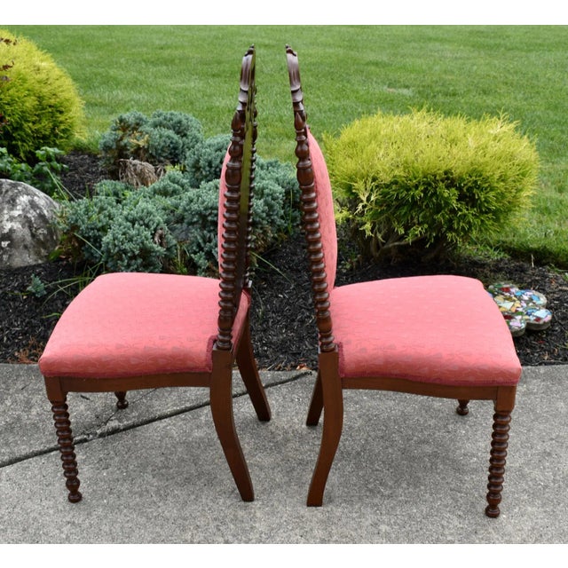 Antique Walnut Boudoir Chairs Victorian Side Spindle Carved Pair 1880s Coral For Sale In Philadelphia - Image 6 of 12
