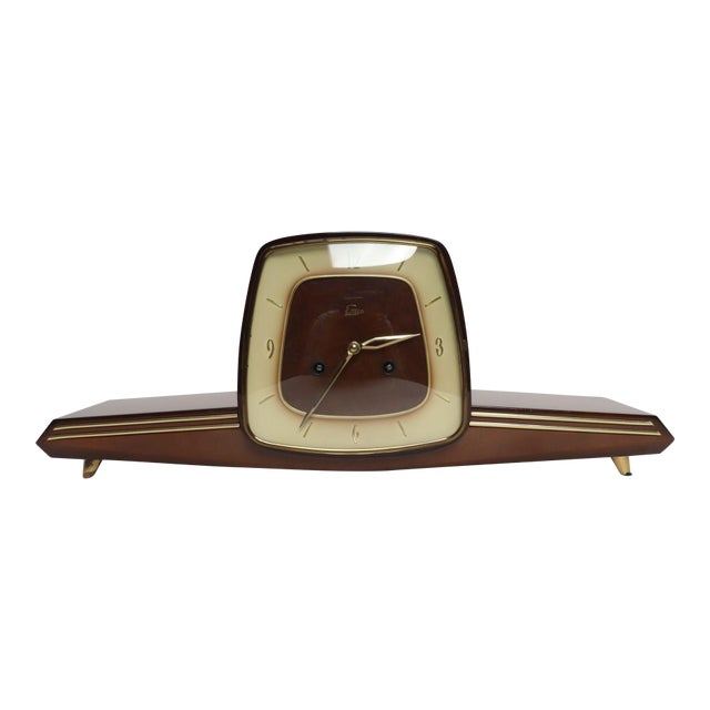 German Art Deco Mahogany and Brass Mantle Clock With Key by Emes For Sale