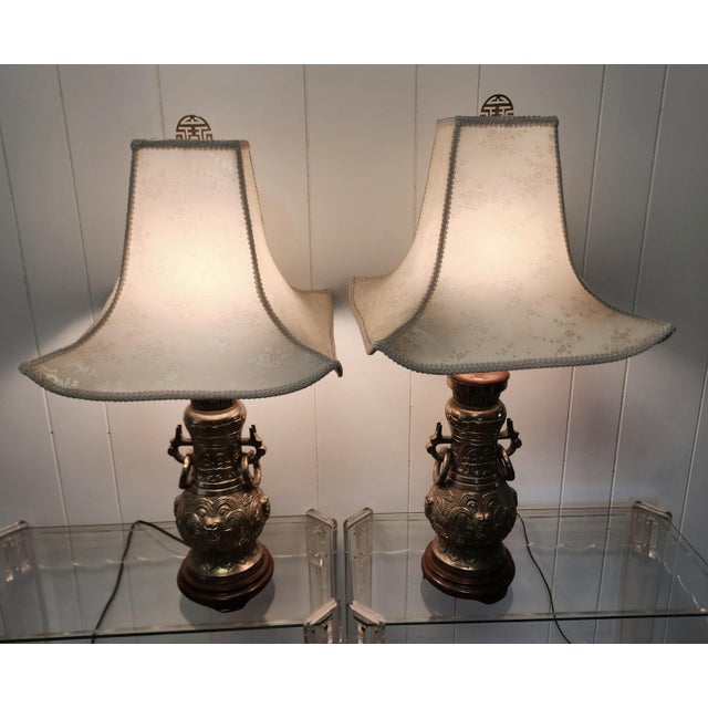 Metal Mid 20th Century Pair Asian Solid Brass Tble Lamps After James Mont For Sale - Image 7 of 12