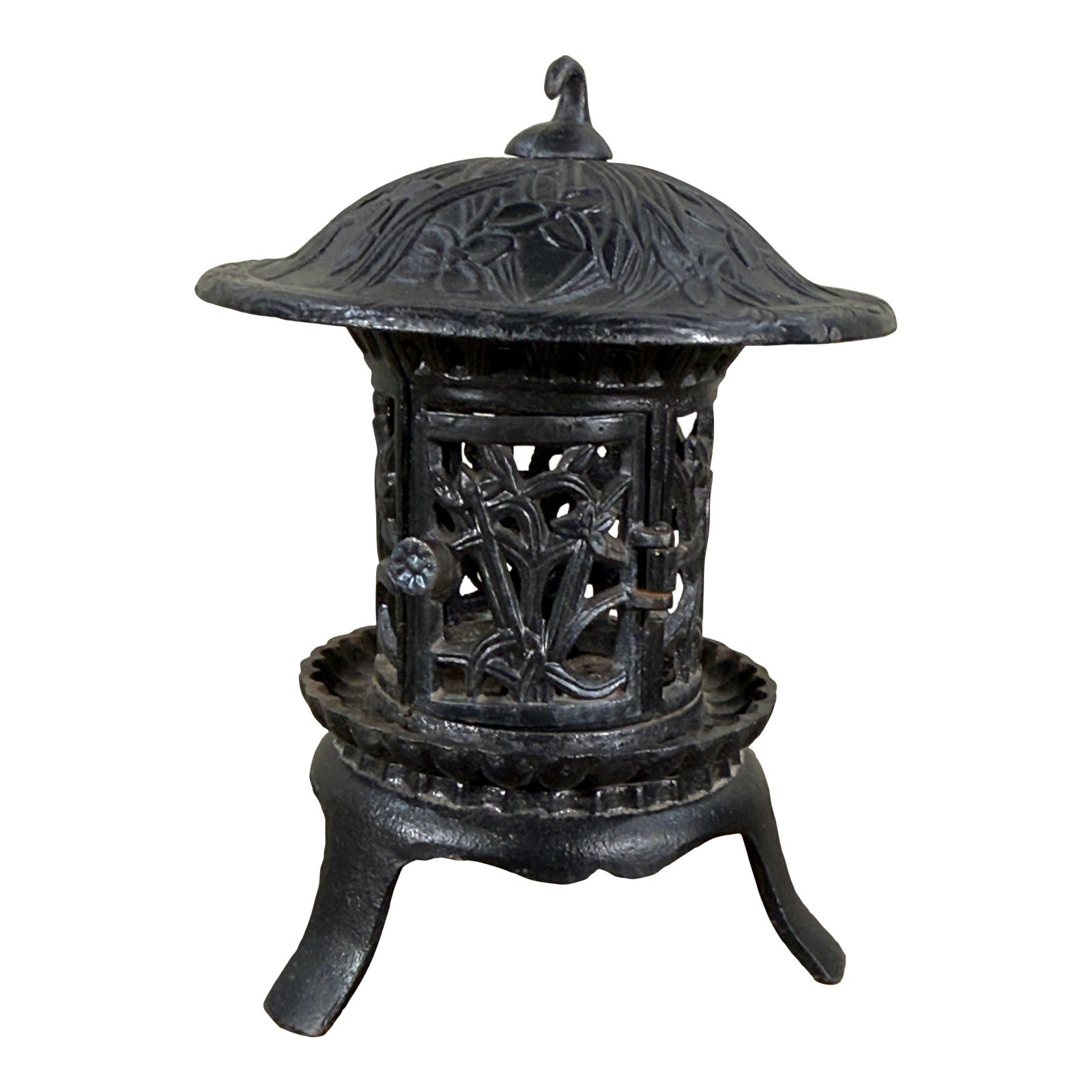 Chinese Cast Iron Garden Lantern With Hanging Finial and Iris Relief