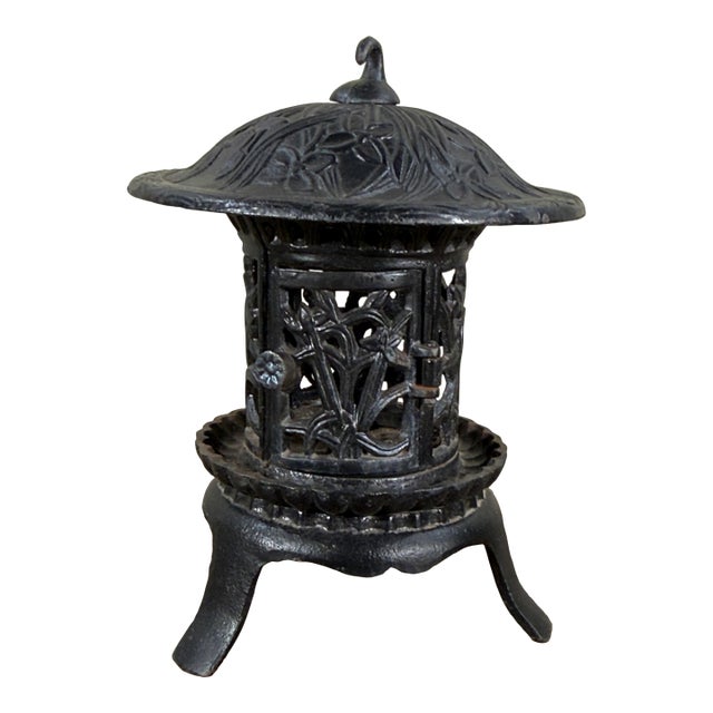 Chinese Cast Iron Garden Lantern With Hanging Finial and Iris Relief For Sale