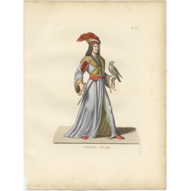 Bonnard, Medieval Falconer Figure, Hand-Colored Engraving, 1845 For Sale - Image 6 of 10