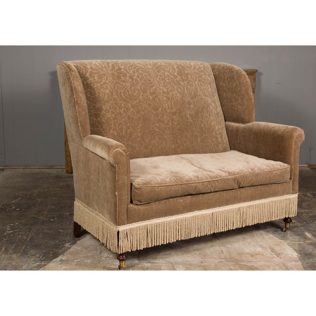 Vintage English Upholstered Loveseat with Out-Scrolling Arms and Casters For Sale - Image 12 of 12