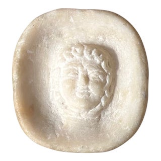 Antique 19th Century Italian Grand Tour Carved White Marble Shallow Vide Poche Dish or Paperweight With Mask Figure For Sale