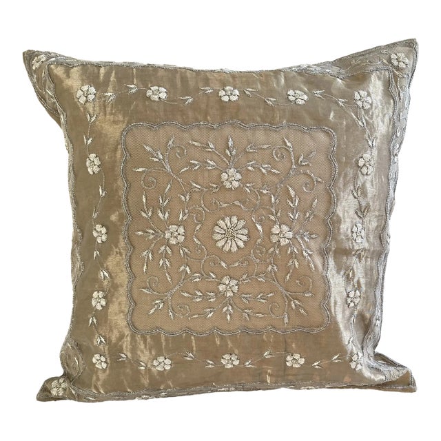 Floral Zardozi Hand Embroidered Accent Decorative Pillow Cover For Sale