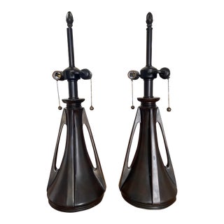 Vintage Late Twentieth Century Quiozel Heavy Bronze Art Nouveau Triple Handles Lamps, a Pair For Sale