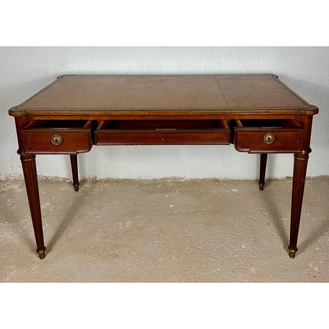Vintage Writing Desk with Brass Details and Three Drawers, 1920 For Sale - Image 4 of 16