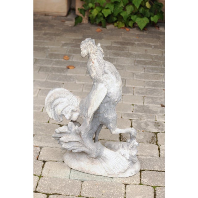 French Painted Lead Lifesize Crowing Rooster Sculpture on Base, circa 1920 For Sale - Image 11 of 12