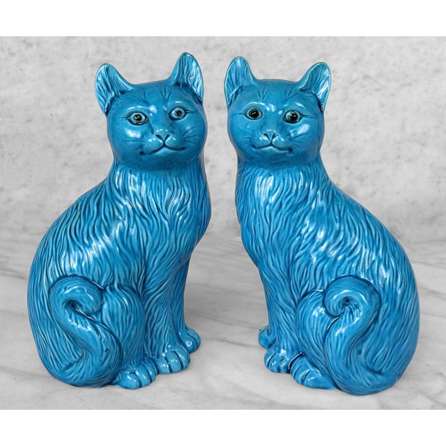 Chinese Vintage Chinese Turquoise Blue Glazed Ceramic Mantle Cat Sculpture - A Pair For Sale - Image 3 of 10