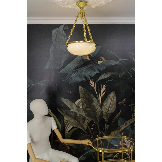 French White Glass, Brass and Bronze Pendant Chandelier, 1920s For Sale - Image 3 of 18