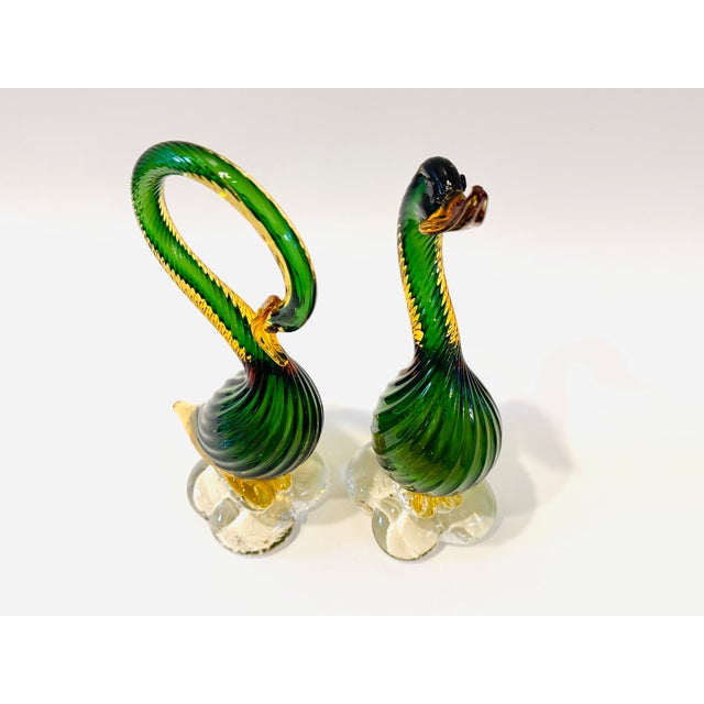 1960s Pair of Mid Century Murano Geese Green and Gold Spiral Glass Sculptures For Sale In Los Angeles - Image 6 of 9