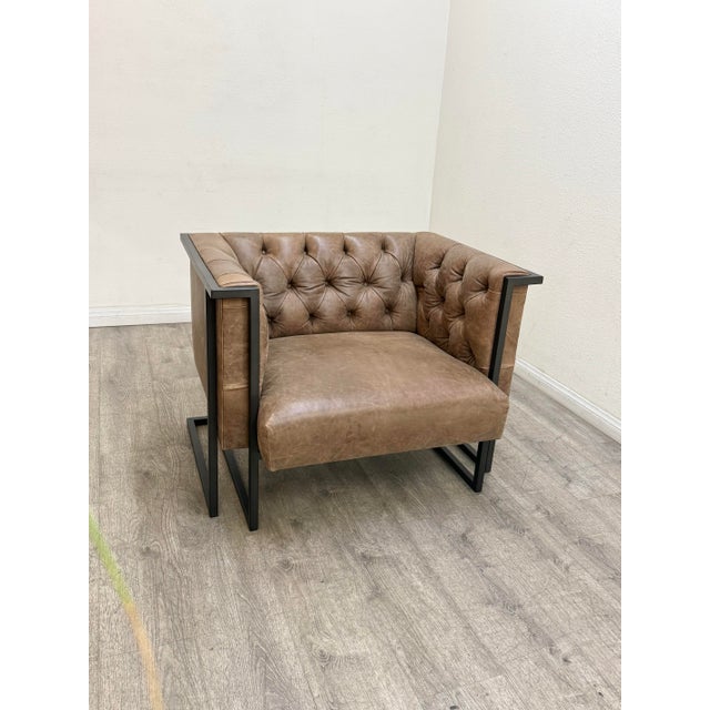 Brown Pair of Modern Tufted Leather Club Chairs For Sale - Image 8 of 11