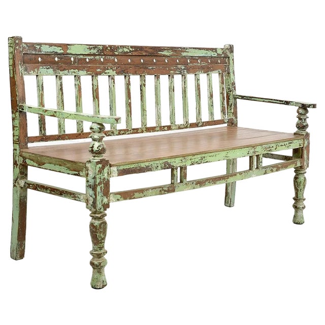 Vintage Brown Teak Bench For Sale