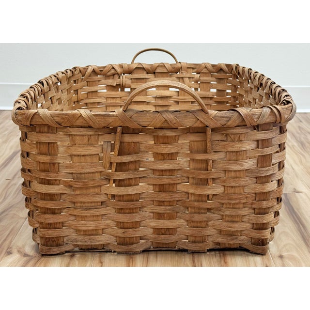 Vintage Oversized Woven Wood Slat Handled Basket For Sale - Image 4 of 10