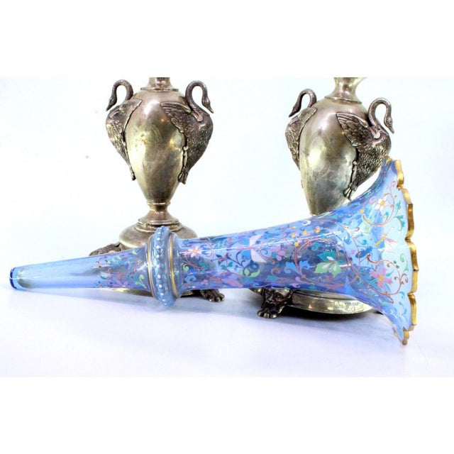 Silver Vases with Appliqués of Geese and Mythical Figures Holding Flower Pots in Relief-Painted Glass, Set of 2 For Sale - Image 3 of 9