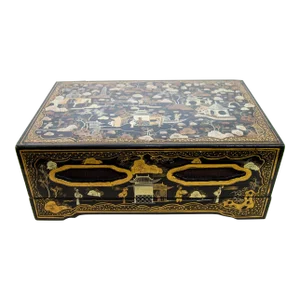 Large Chinoiserie Rectangular Black Lacquered Gilt Painted Covered Box 1950s