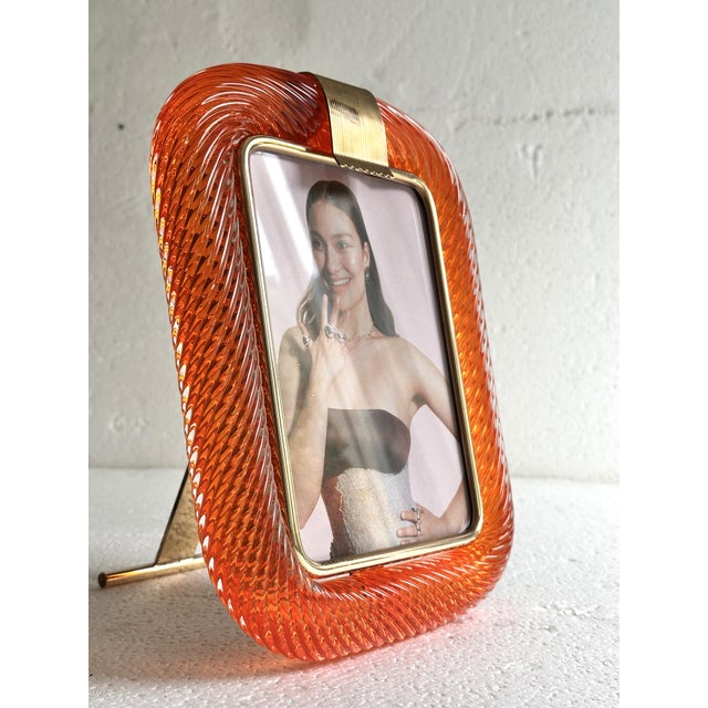 Glass Mid-Century Modern Style Amber“Torchon” Murano Glass Picture Frame and Unaquered Brass in Barovier Style. For Sale - Image 7 of 7