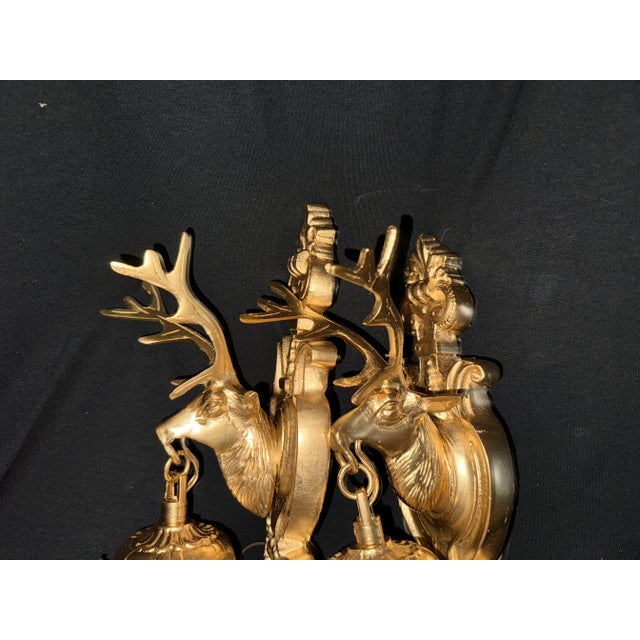 20thC French Louis XVI Gilt Bronze Deer Wall Lamps / Sconces - Pair For Sale - Image 16 of 17