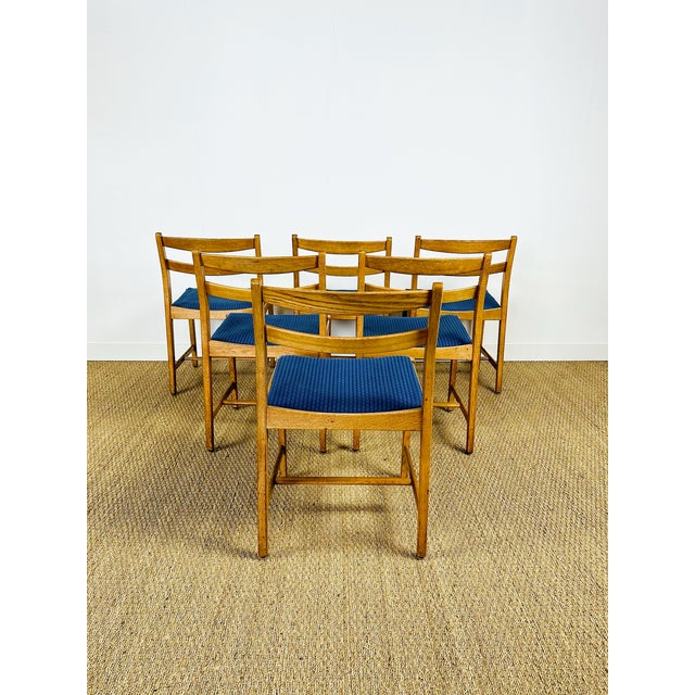 1960s Vintage Dining Chairs in Oak and Blue Fabric, 1960s, Set of 6 For Sale - Image 5 of 16