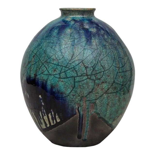 Vintage Handmade Fulper Flambed Drip Glaze with Crackle Vase For Sale