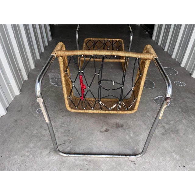 Harvey Probber Style Vintage Unmarked Chrome Tube Cantilever Wicker Lounge Arm Chairs For Sale - Image 10 of 12