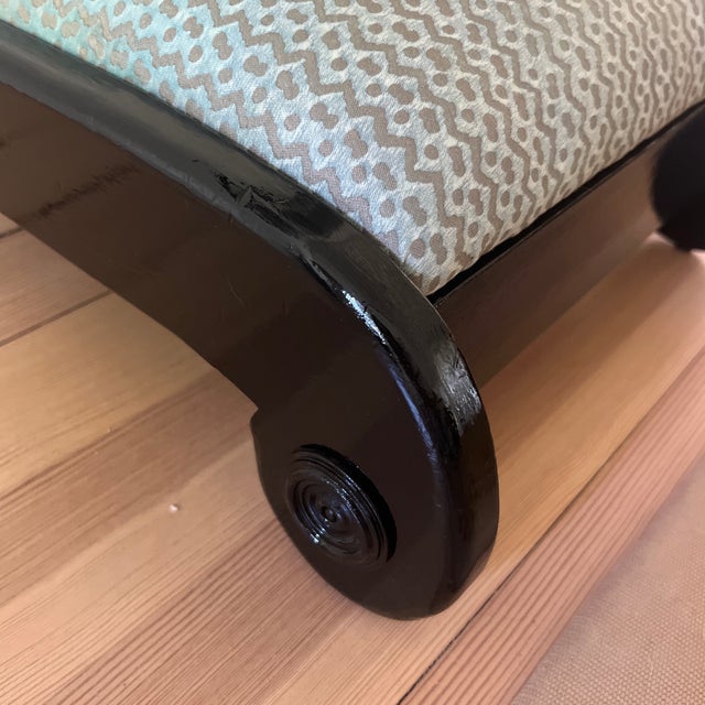 Textile Neoclassical Style High Gloss Black Low Scroll Stool With Fortuny Cotton Fabric For Sale - Image 7 of 7