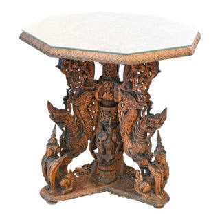 Late 20th Century Vintage Southeast Asian Pedestal Table – Hand-Carved Garuda & Elephant Motifs With New Glass Top For Sale