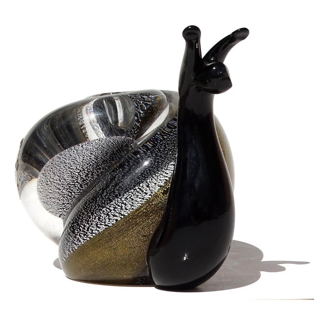 Mid-Century Modern Murano Vetreria Venier Label Gold Silver Flecks Black Italian Art Glass Snail Paperweight Figurine For Sale - Image 3 of 10