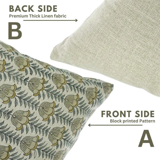 Textile Hand Block Print Thick Linen Pillow Cover by Fabdivine, 14"X14",Lotus For Sale - Image 7 of 8