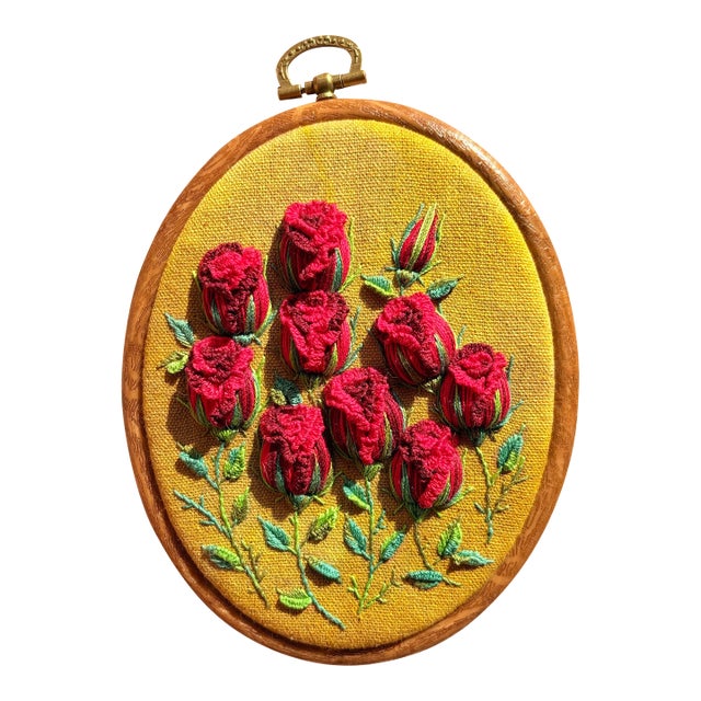 Framed 3d Stumpwork Textile Wall Art - Vintage Botanical Red Roses on Yellow For Sale