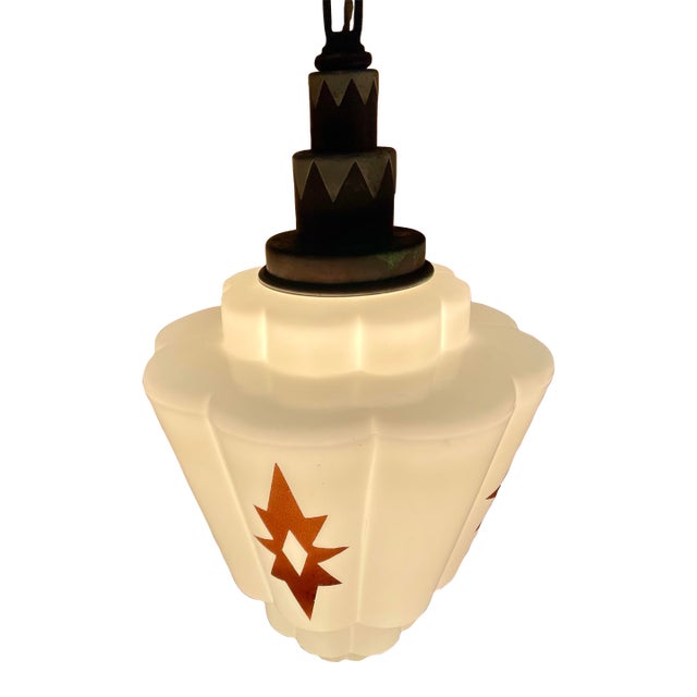 Early 20th Century Art Deco White Milk Glass Skyscraper Star Hanging Pendant Light Fixture For Sale