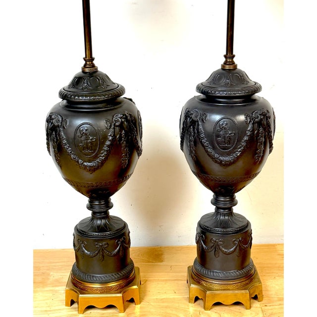 Mid 20th Century Warren Kessler Wedgwood Style Black Basalt Neoclassical Urn Lamps - a Pair For Sale - Image 14 of 16