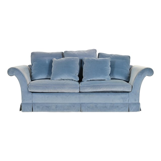 Baker Furniture Blue Velvet Upholstered Roll Arm Sofa For Sale