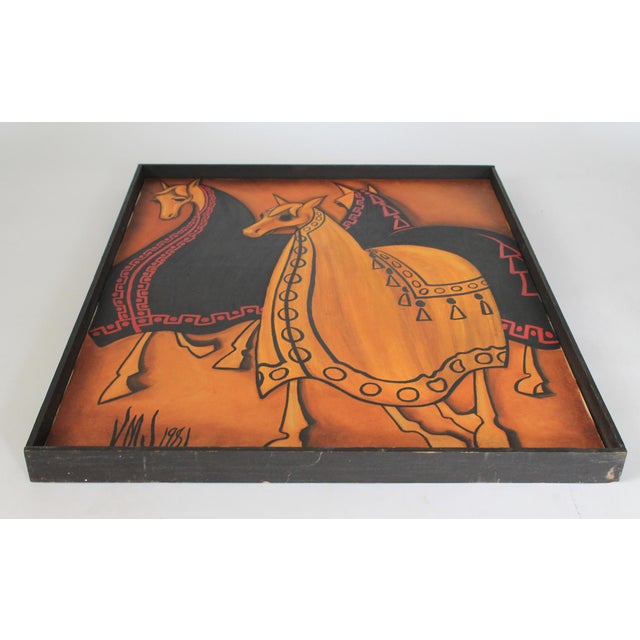 Wood 1980's Framed Painting With Adorned Horses For Sale - Image 7 of 11