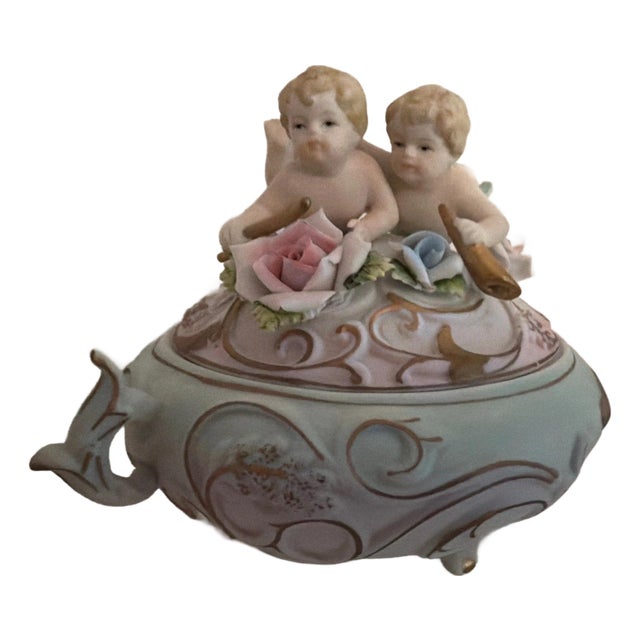 Rare Antique Norleans Bisque Candy Trinket 3 Foot Box Cherub Rose For Sale