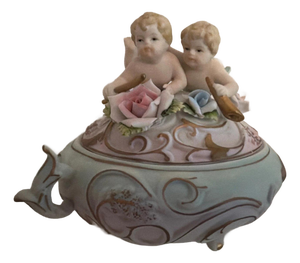 Rare Antique Norleans Bisque Candy Trinket 3 Foot Box Cherub Rose