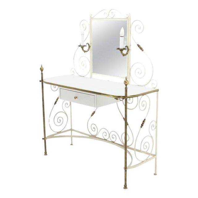 Decorative Vanity Dressing Table Milk Glass Top Metal Scroll Brass Hardware For Sale