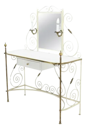 Decorative Vanity Dressing Table Milk Glass Top Metal Scroll Brass Hardware